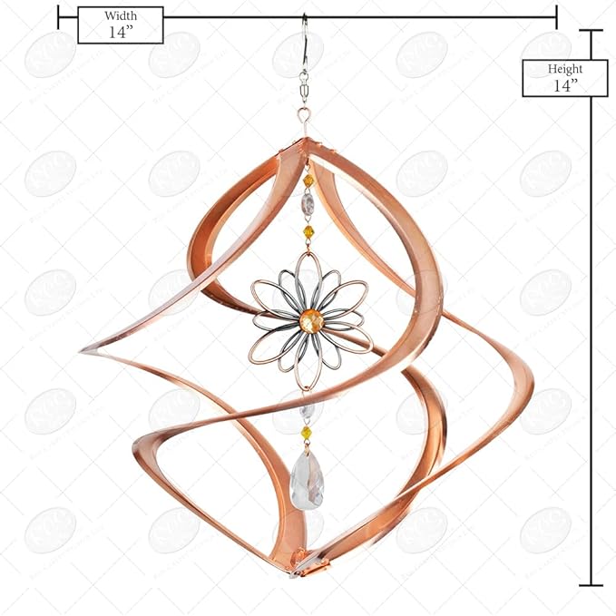 Decorative wind chime with spiral design and floral element, shown with measurements on a white background.