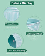 Product features with vintage finish, lightweight metal, and drain hole on a green background