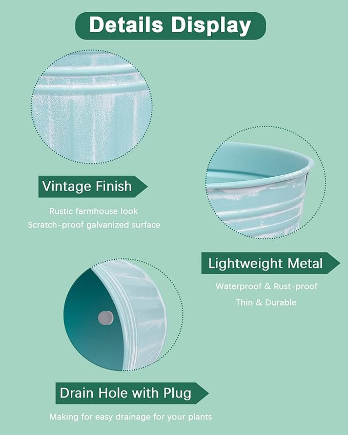 Product features with vintage finish, lightweight metal, and drain hole on a green background