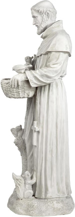Statue of a religious figure holding a basket and a cross, with a dove at its feet.