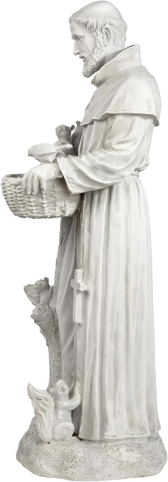 Statue of a religious figure holding a basket and a cross, with a dove at its feet.