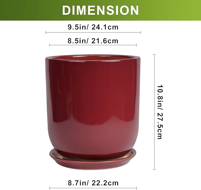 10 Inch Manau Red Ceramic Planter Pot – Modern Indoor Outdoor Plant Pot with Drainage & Saucer