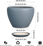 Gray ceramic planter with dimensions and features on a white background