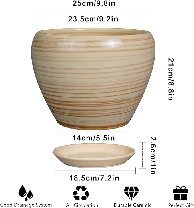 10 Inch Yellow Ceramic Planter Pot – Modern Indoor Outdoor Plant Pot with Drainage & Saucer