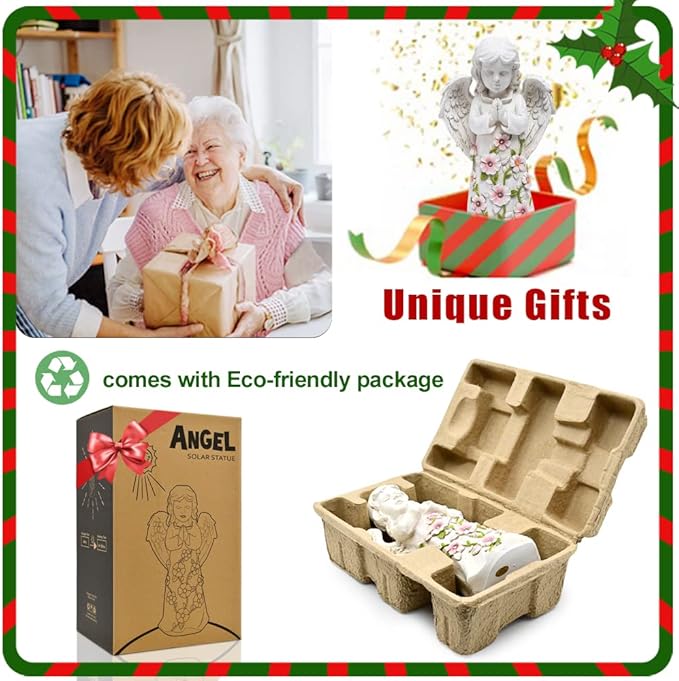Solar angel statue with eco-friendly packaging and gift-giving scene.