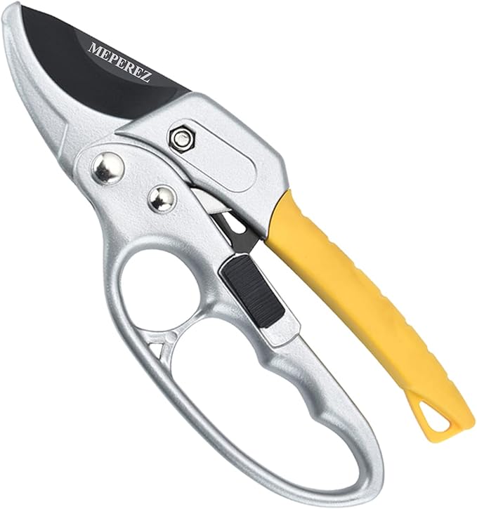 Gardening pruner with yellow handle and silver blade on a white background