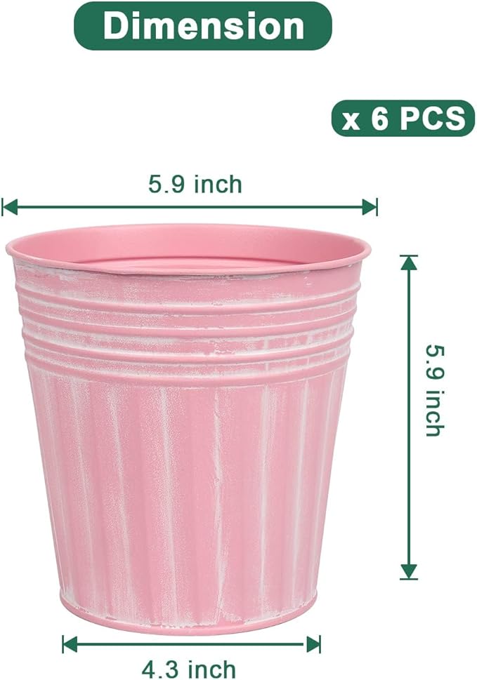 Pink metal planter with dimensions labeled on a white background