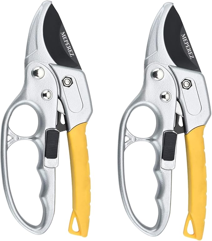 Pair of garden shears with silver blades and yellow handles on a white background
