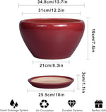 Red ceramic planter with dimensions and features listed on a white background