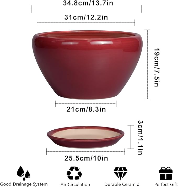 Red ceramic planter with dimensions and features listed on a white background