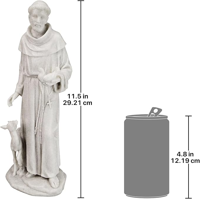 Statue of a religious figure with dimensions shown next to a can for scale.
