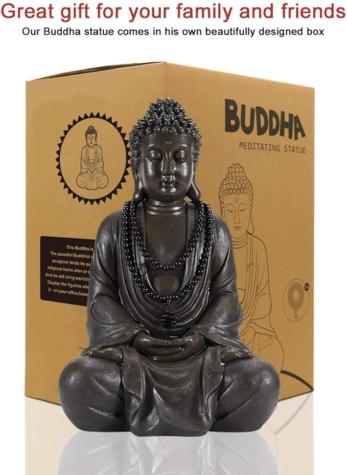 Buddha statue in front of its packaging box with text about it being a great gift.