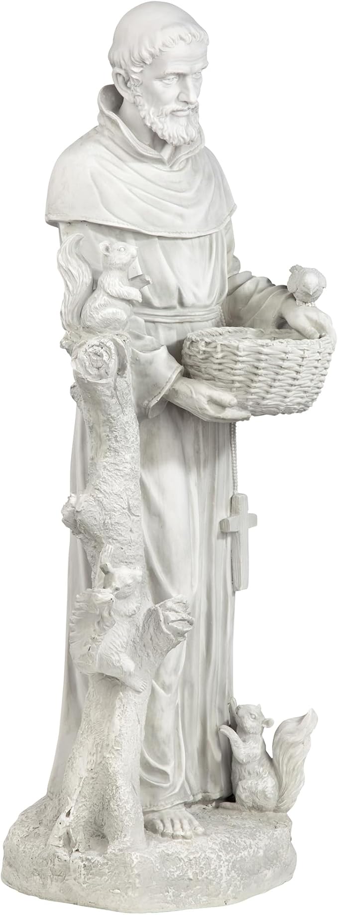 Statue of a religious figure holding a basket with animals on a white background