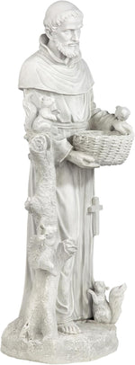 Statue of a religious figure holding a basket with animals on a white background