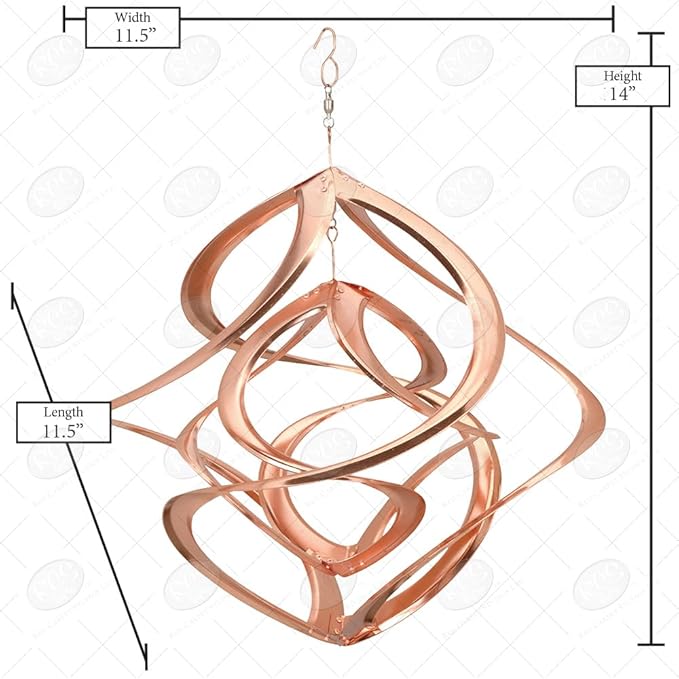 Copper wind chime with dimensions on a white background