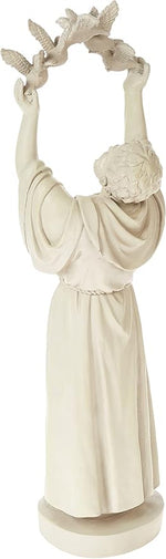Statue of a draped figure holding a wreath above their head
