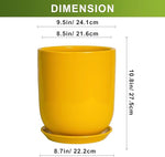 Yellow ceramic planter with dimensions displayed