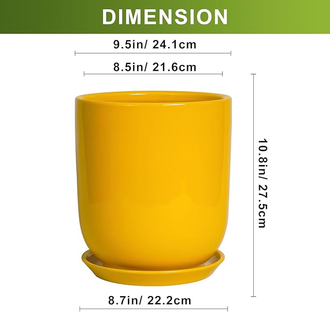 Yellow ceramic planter with dimensions displayed