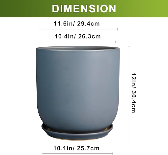 Gray ceramic pot with dimensions labeled on a white background