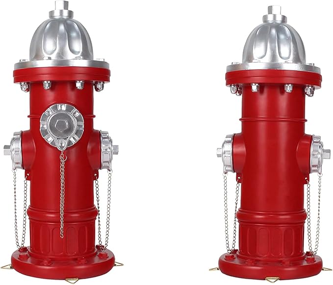Two red fire hydrants with silver caps and chains on a white background