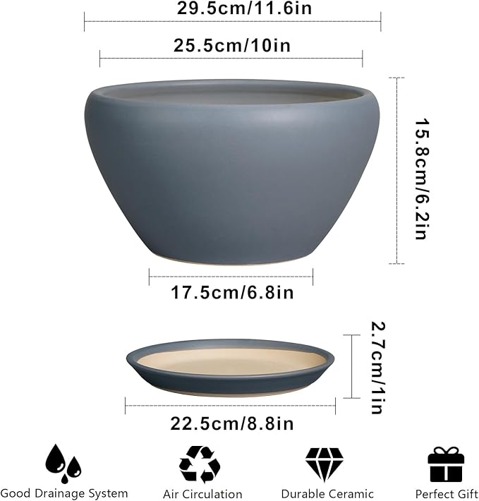 Gray ceramic planter with dimensions and features listed on a white background