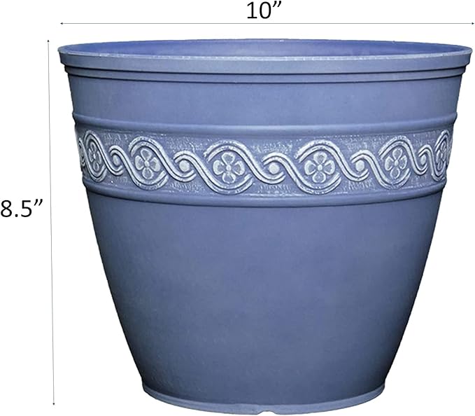 Blue decorative pot with white patterns and measurements on a white background