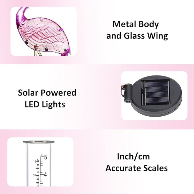 Solar-powered LED light with metal body and glass wing, inch/cm accurate scales, and solar panel on a pink background.