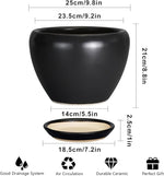 Black ceramic planter with dimensions and features listed