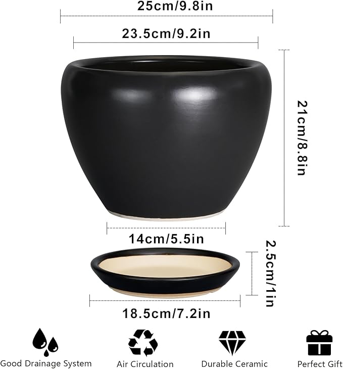 Black ceramic planter with dimensions and features listed