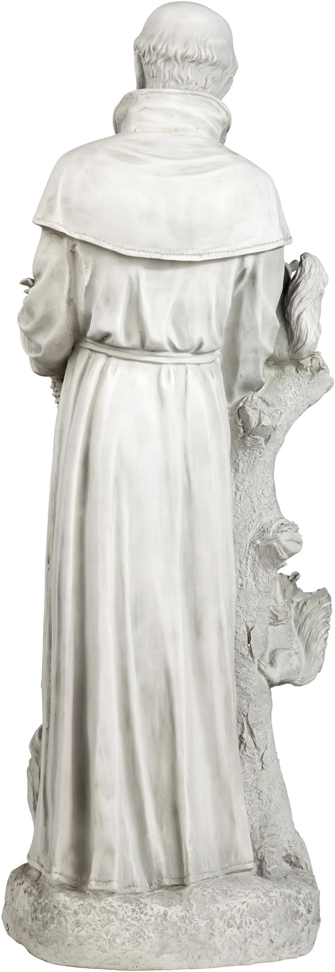 Statue of a religious figure in a long robe holding a book, back view.
