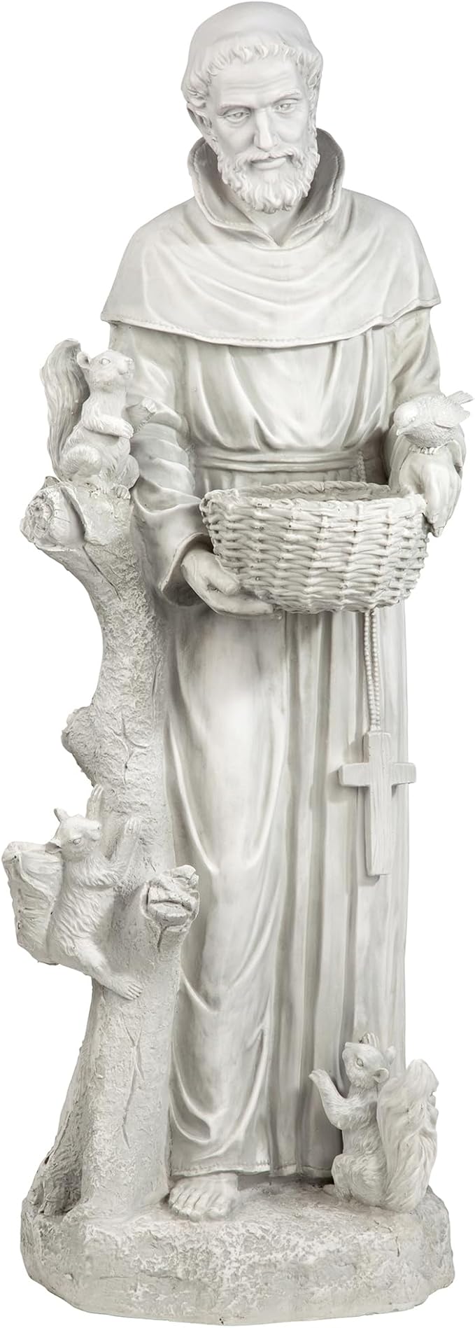 Statue of a religious figure holding a basket, standing on a base with additional figures.