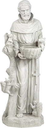 Statue of a religious figure holding a basket, standing on a base with additional figures.