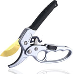Garden pruner with black handle and gold blade on a white background