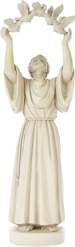 Statue of a draped figure holding a wreath above their head on a white background