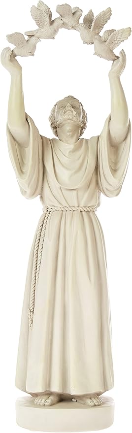Statue of a draped figure holding a wreath above their head on a white background