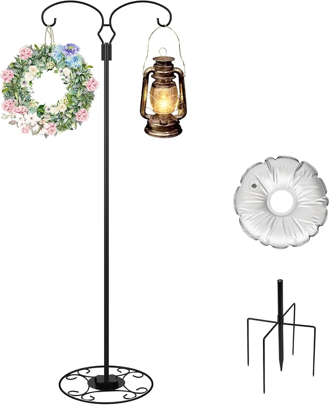 Decorative stand with lantern, wreath, and decorative item on a white background