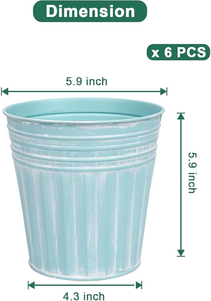 Light blue metal planter with dimensions labeled, suitable for 6-pack packaging.