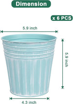 Light blue metal planter with dimensions labeled, suitable for 6-pack packaging.