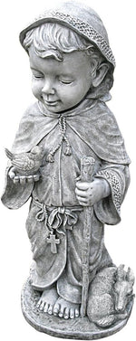 Statue of a child in religious attire holding a dove and a cross.