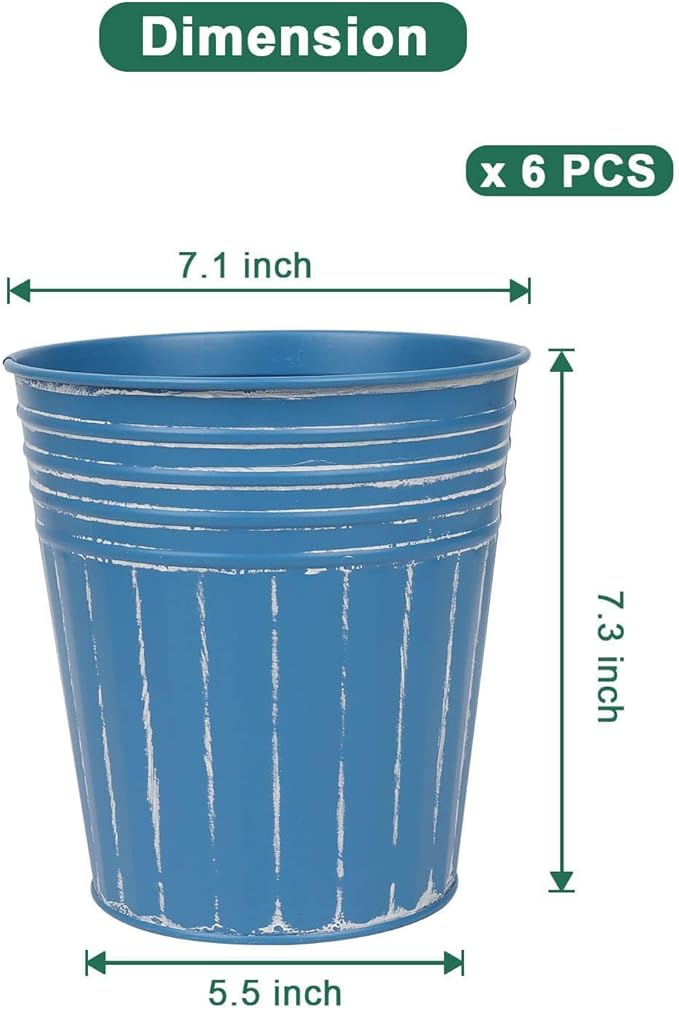 Blue metal planter with dimensions labeled on a white background
