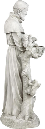 Statue of a religious figure holding a basket with a white background