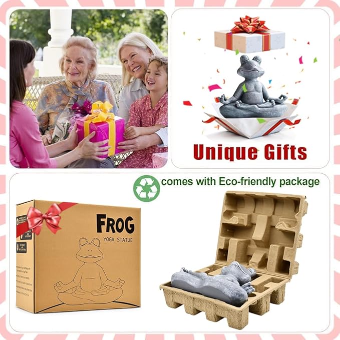 Collage of images featuring a frog yoga statue, packaging, and people with a gift.