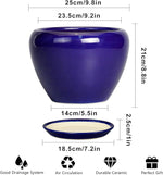 Blue ceramic planter with dimensions and features on a white background