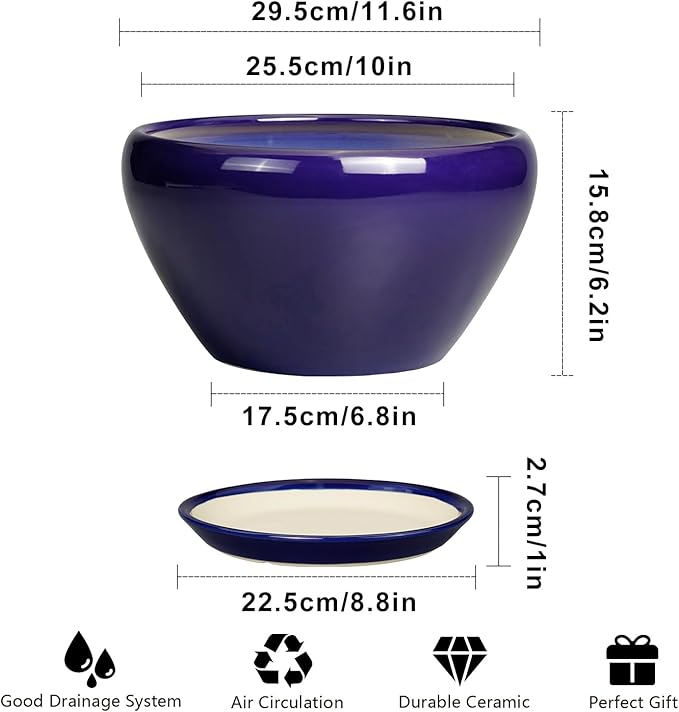 Blue ceramic planter with dimensions and features listed on a white background