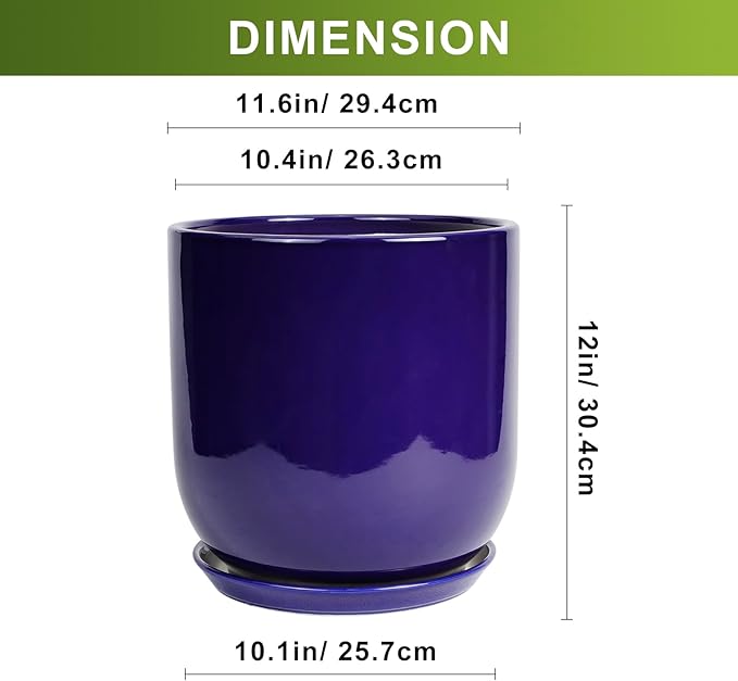 Purple ceramic planter with dimensions displayed