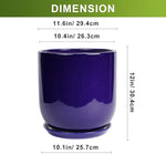 Purple ceramic planter with dimensions displayed