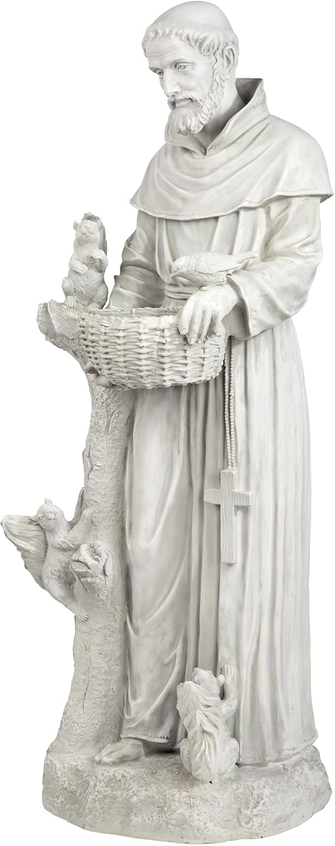 Statue of a religious figure holding a basket with a small child, standing on a white background