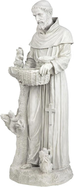 Statue of a religious figure holding a basket with a small child, standing on a white background