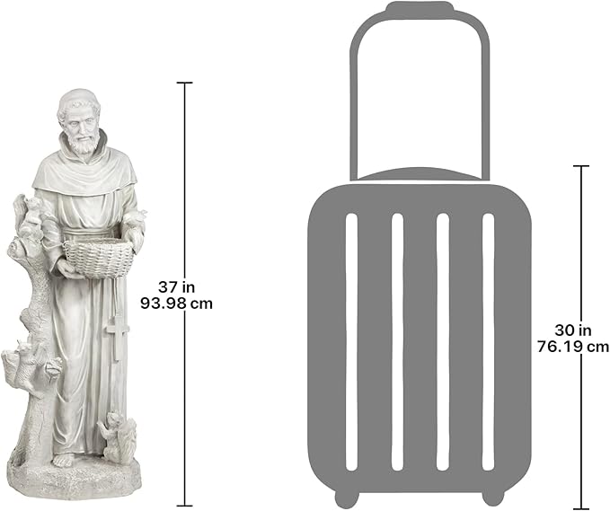Statue of a religious figure next to a lantern with dimensions indicated