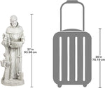 Statue of a religious figure next to a lantern with dimensions indicated